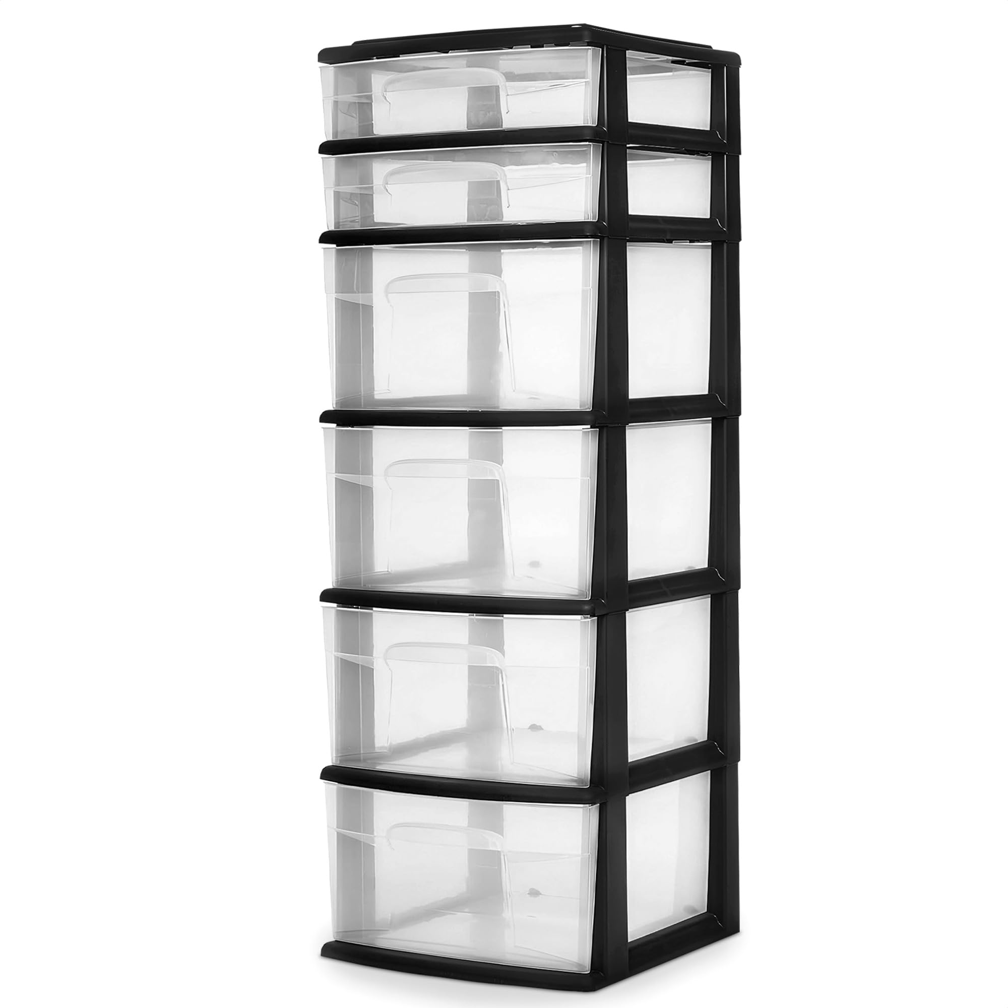 Homz Drawer Tower, 6-Tier Clear Plastic Storage Organizer Cart, Black Frame