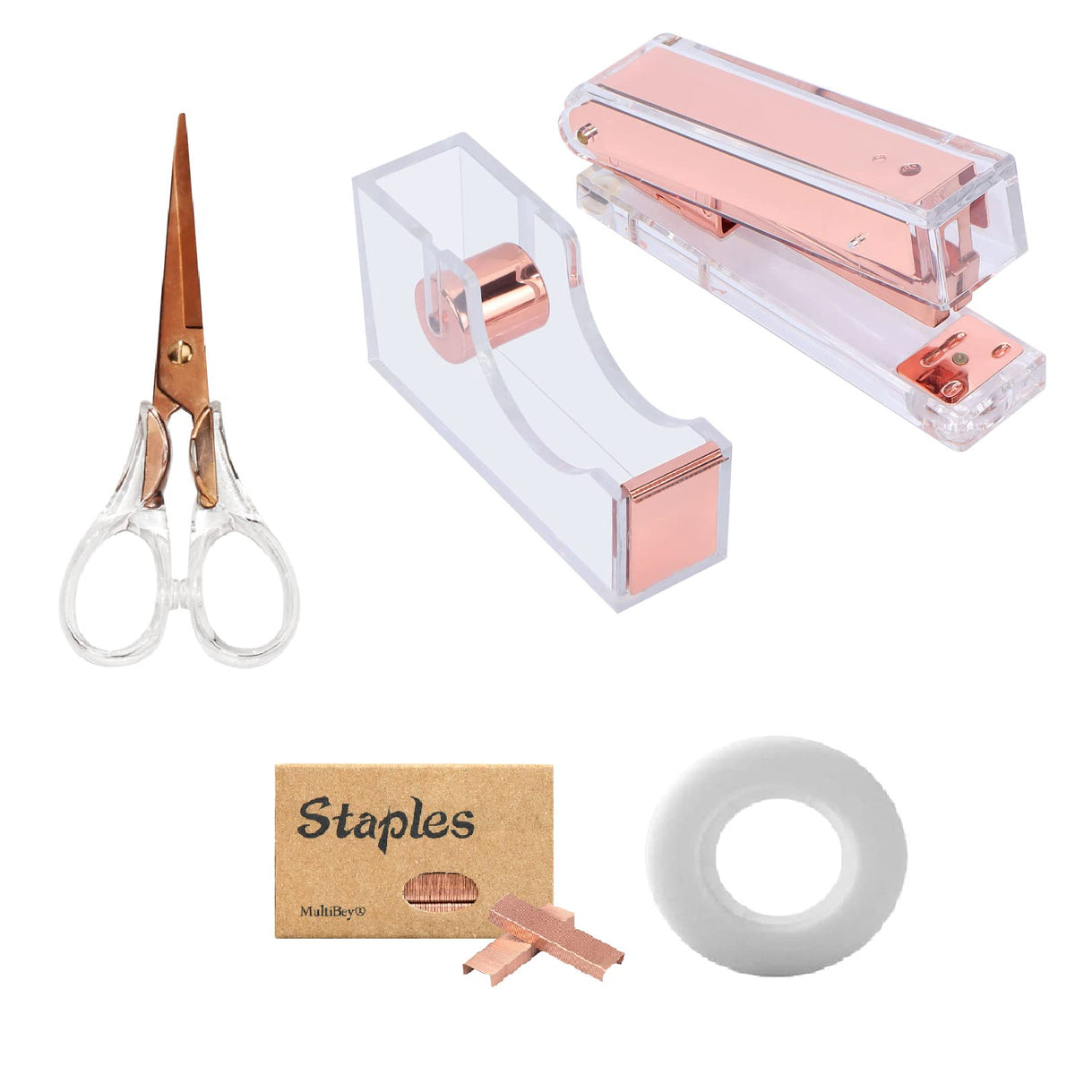 Acrylic Clear Rose Gold Stapler Tape Dispenser Scissors Set Heavy Duty Office Desk Stapler Tape Cutter Dispenser With 6.3' Blac