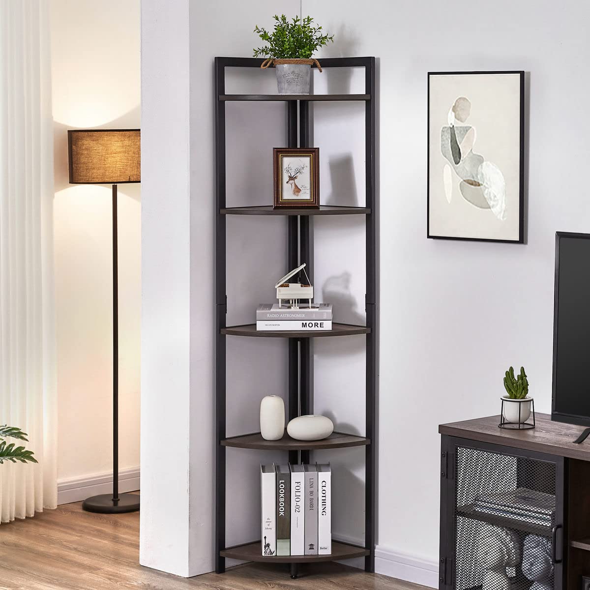 FATORRI Rustic Tall Corner Shelf, 5 Tier Industrial Corner BookShelf Stand, Dark Wood and Metal Corner Plant Bookcase (Walnut Br