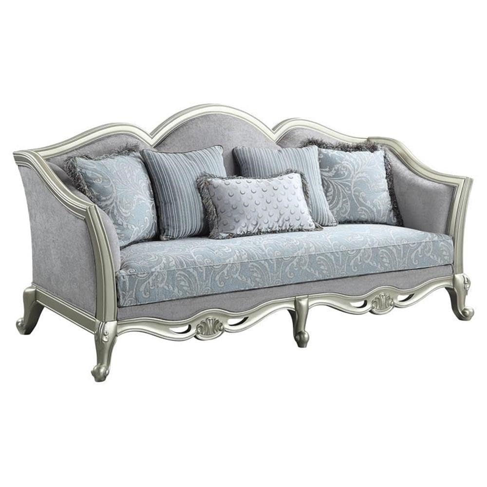 Acme Qunsia Sofa with 5 Pillows in Light Gray Fabric and Champagne