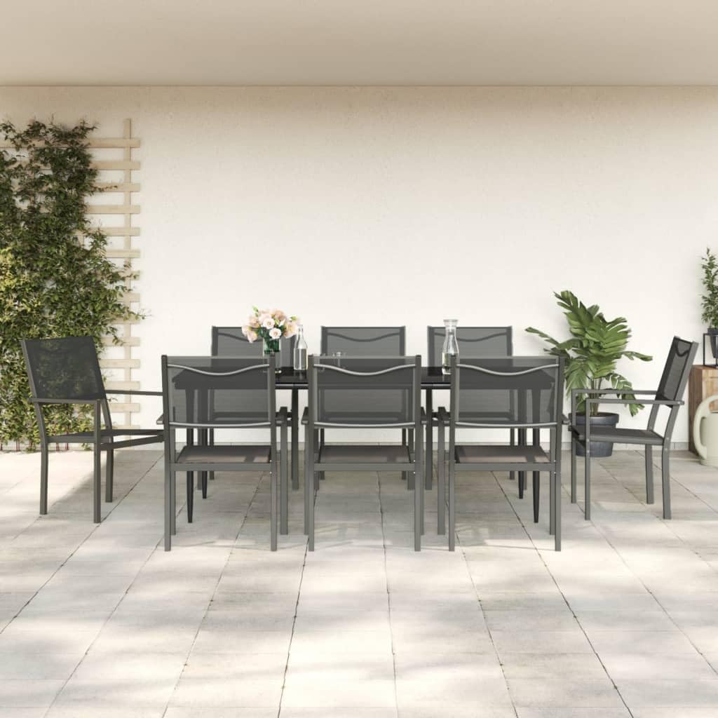 vidaXL 7-Piece Outdoor Patio Dining Set - Powder-Coated Steel and Textilene Material with Tempered Glass Tabletop - Black