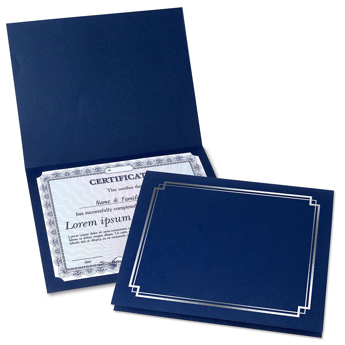 Classic Blue & Silver Certificate Folders - Pack Of 25, Linen Cover 80 Lb. Stock, Folded, Die-Cut Corners, For Office, Business