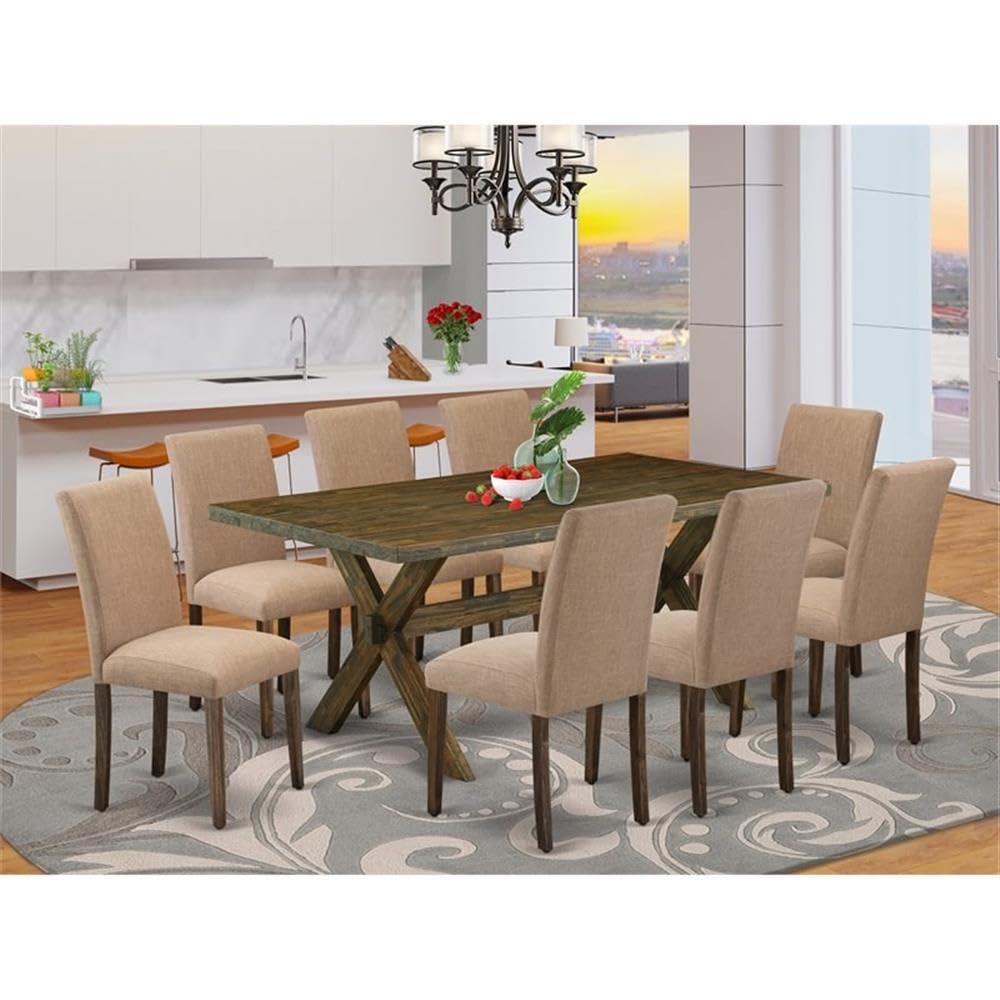 East West Furniture X777Ab747-9 9 Piece Dining Room Furniture Set Includes A Rectangle Dining Table With X-Legs And 8 Light Sable Linen Fabric Upholstered Chairs, 40X72 Inch, Multi-Color