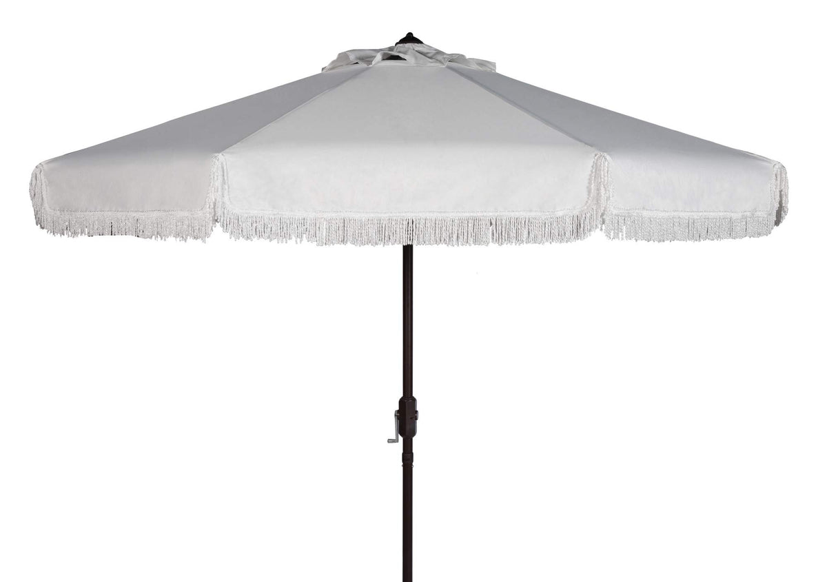 Safavieh Pat8008C Collection Milan Fringe 9Ft Crank Outdoor Push Button Tilt Umbrella, White/White