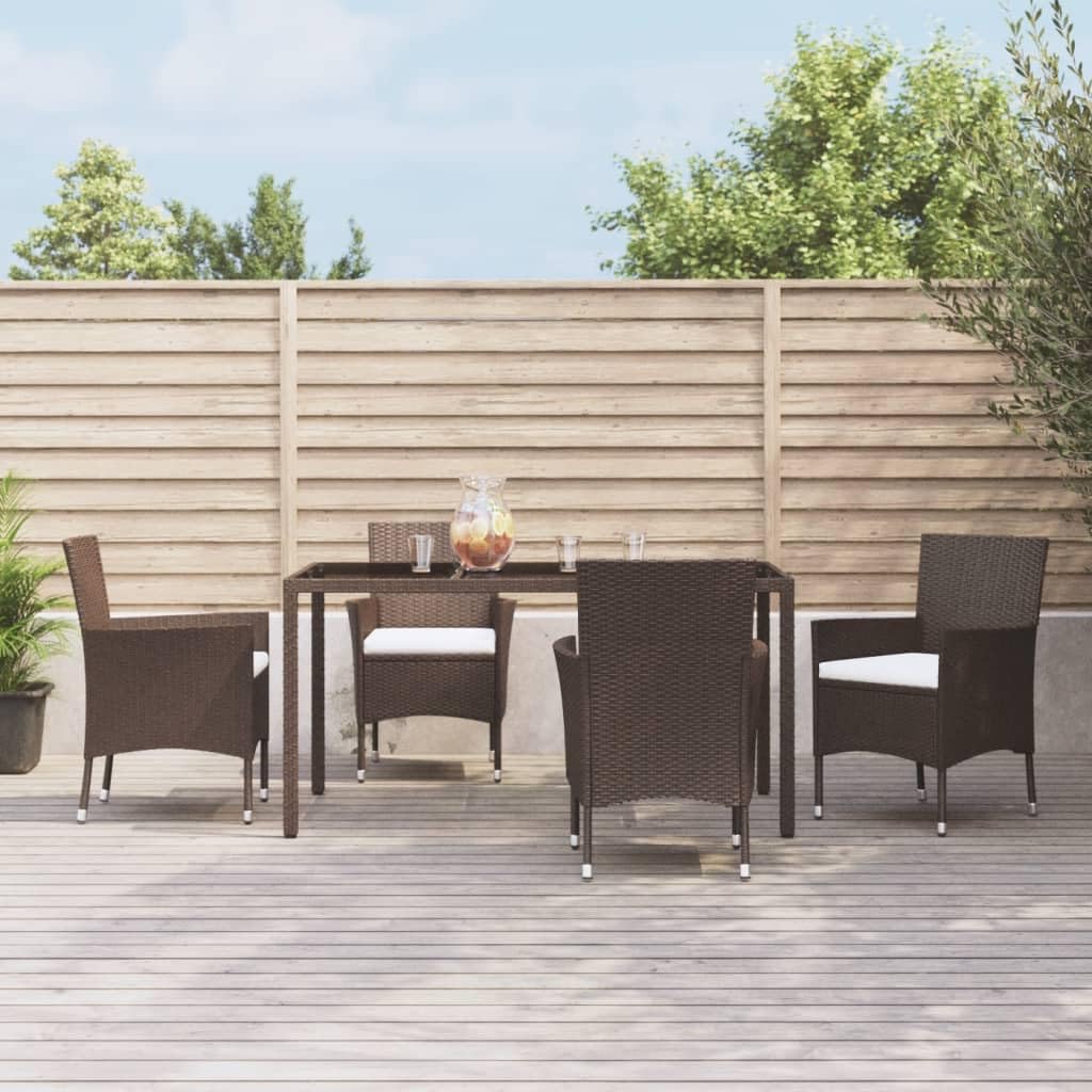 vidaXL - 5 Piece Brown Patio Dining Set with Cushions - Poly Rattan Outdoor Furniture, Tempered Glass Tabletop & Padded Chairs for Garden/Deck/Patio