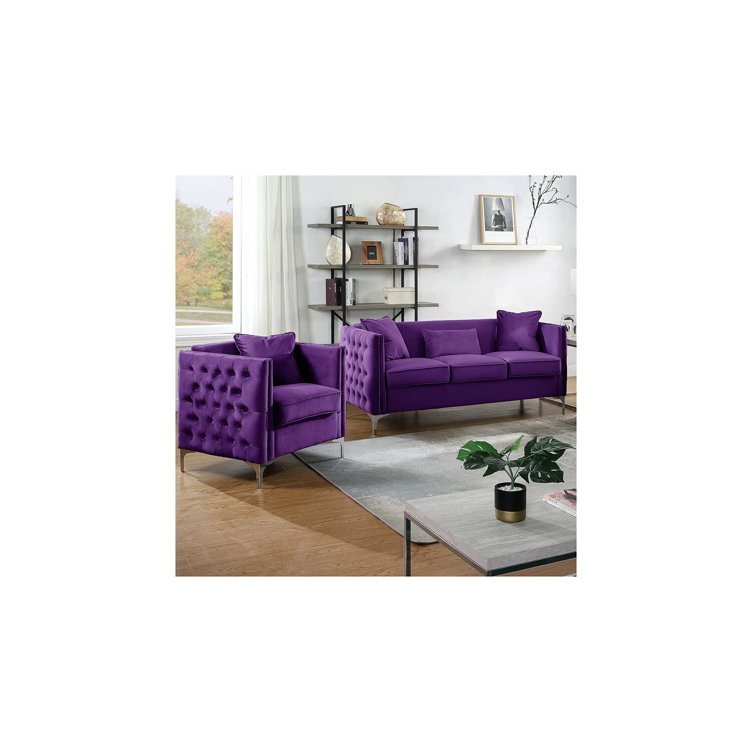 Lilola Home Bayberry Purple Velvet Sofa Loveseat Living Room Set - Thumbnail 4