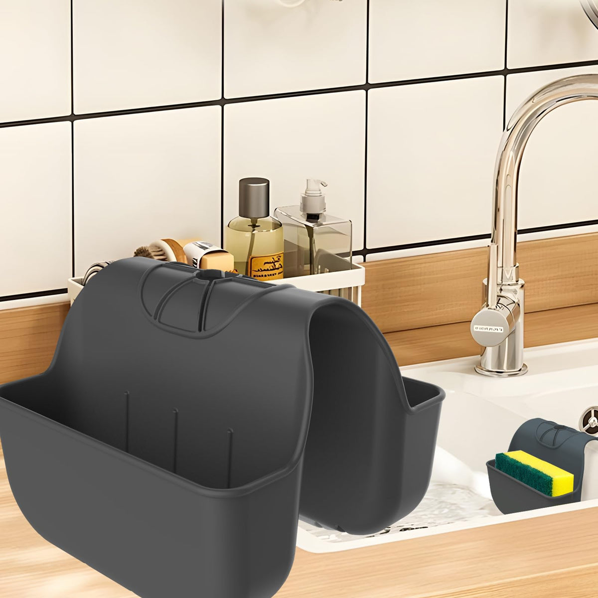 Sponge Holder For Kitchen Sink, Silicone Sink Saddle Caddy Organizer Rack, Sponges Holder Over Faucet, Hanging Kitchen Organizer