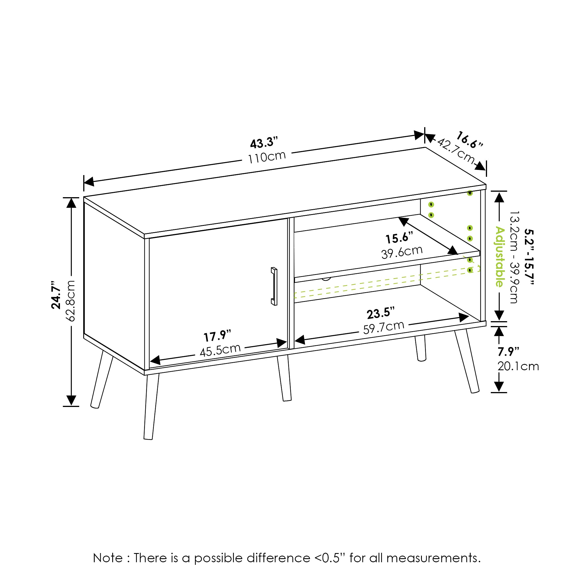 Furinno Claude Mid Century Style Stand With Wood Legs For TV Up To 55 Inches, One Cabinet Two Shelves, Espresso