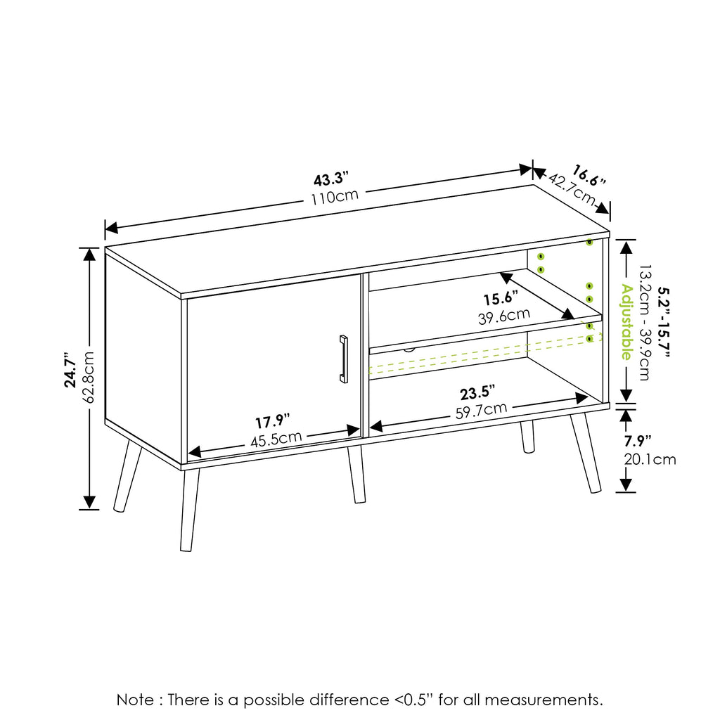 Furinno Claude Mid Century Style Stand With Wood Legs For TV Up To 55 Inches, One Cabinet Two Shelves, Espresso