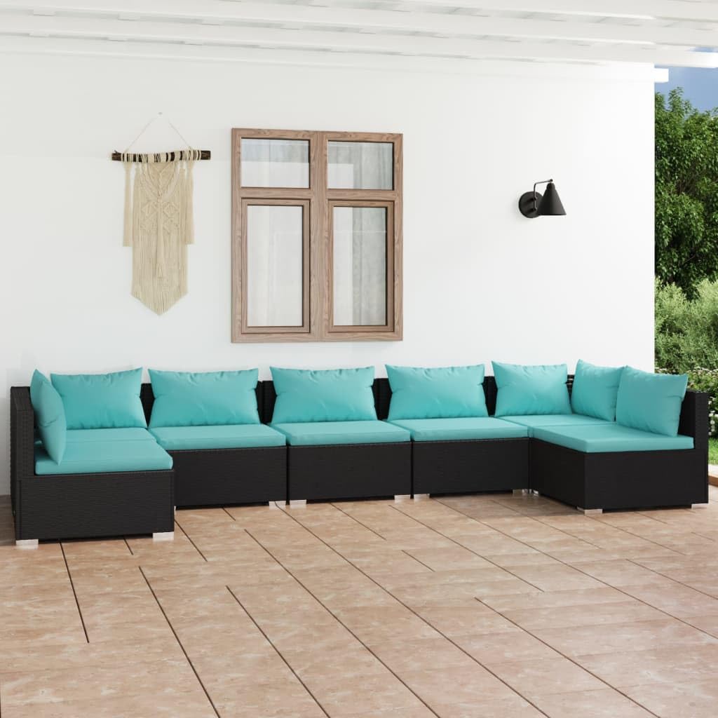 vidaXL Outdoor Patio Lounge Set - 7 Piece Modern Modular Design, Durable Poly Rattan Material, Comfortable Cushions, Easy Assembly, Black and Blue