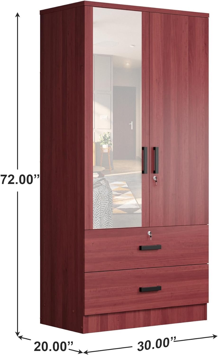 Woodpeckers Furniture And Mattress Mirrored Wardrobe with Drawers (Mahogany)