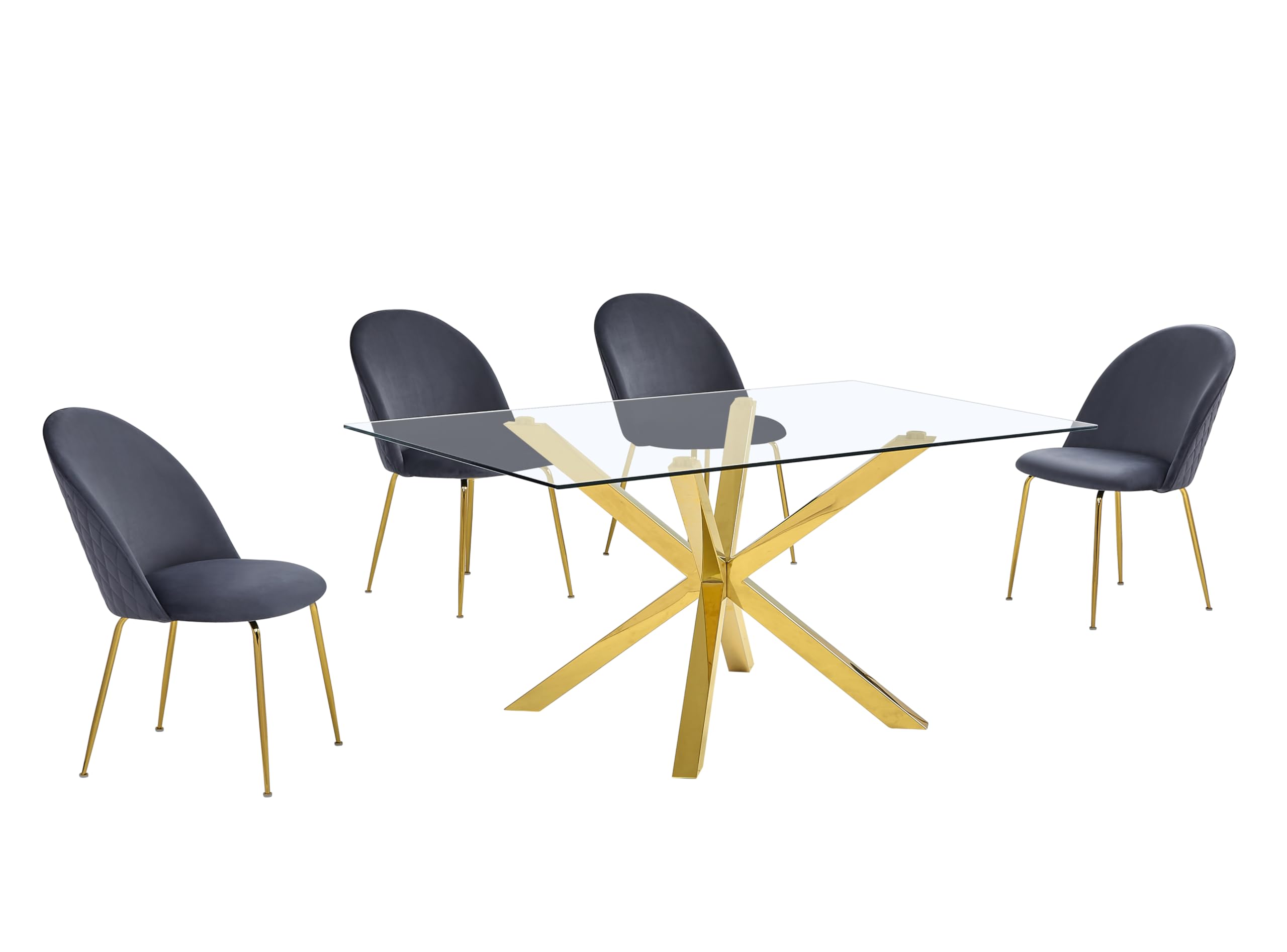 Best Quality Furniture 5Pc Glass Dining Set, 1 Table + 4 Velvet Chairs, Dark Gray Velvet