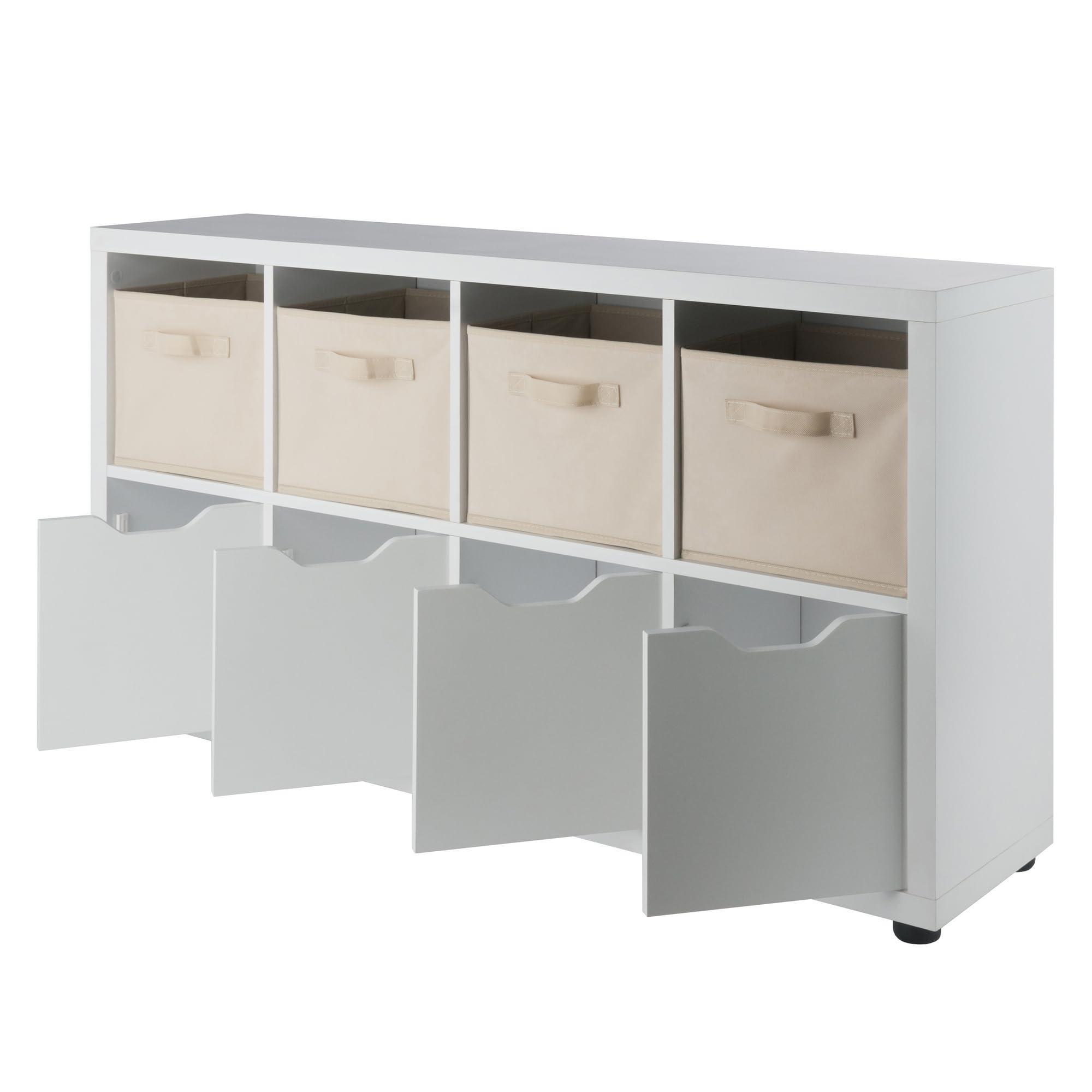 Winsome Julian 2x4 Storage Cabinet Set, for Living Room, Home Office, White, with 4 Beige Baskets