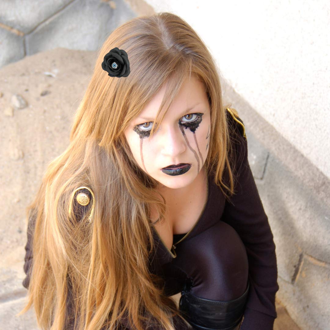 Halloween Gothic Hair Flower Accessory, Artificial Black Rose Hair Pins With Skeleton Head And Monster Eyeball, Dark Creepy Flow