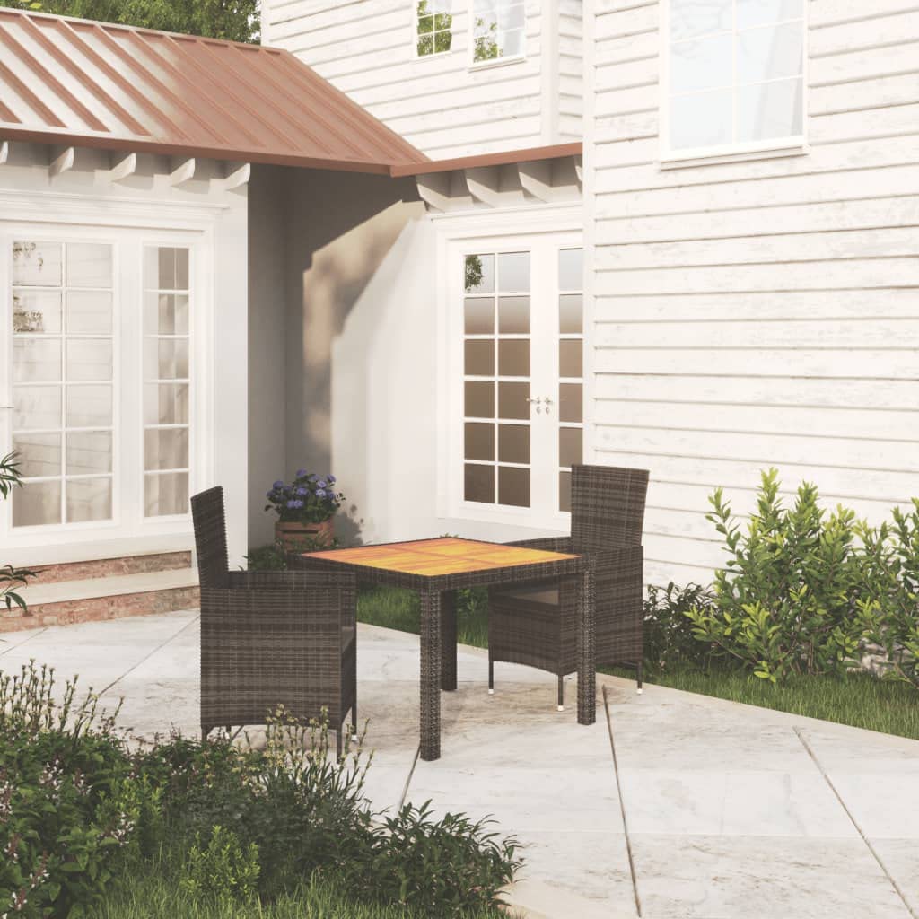 vidaXL 3-Piece Patio Dining Set - Poly Rattan/Steel Frame Black - Square Table with Acacia Wood Top - Weather-Resistant Outdoor Furniture