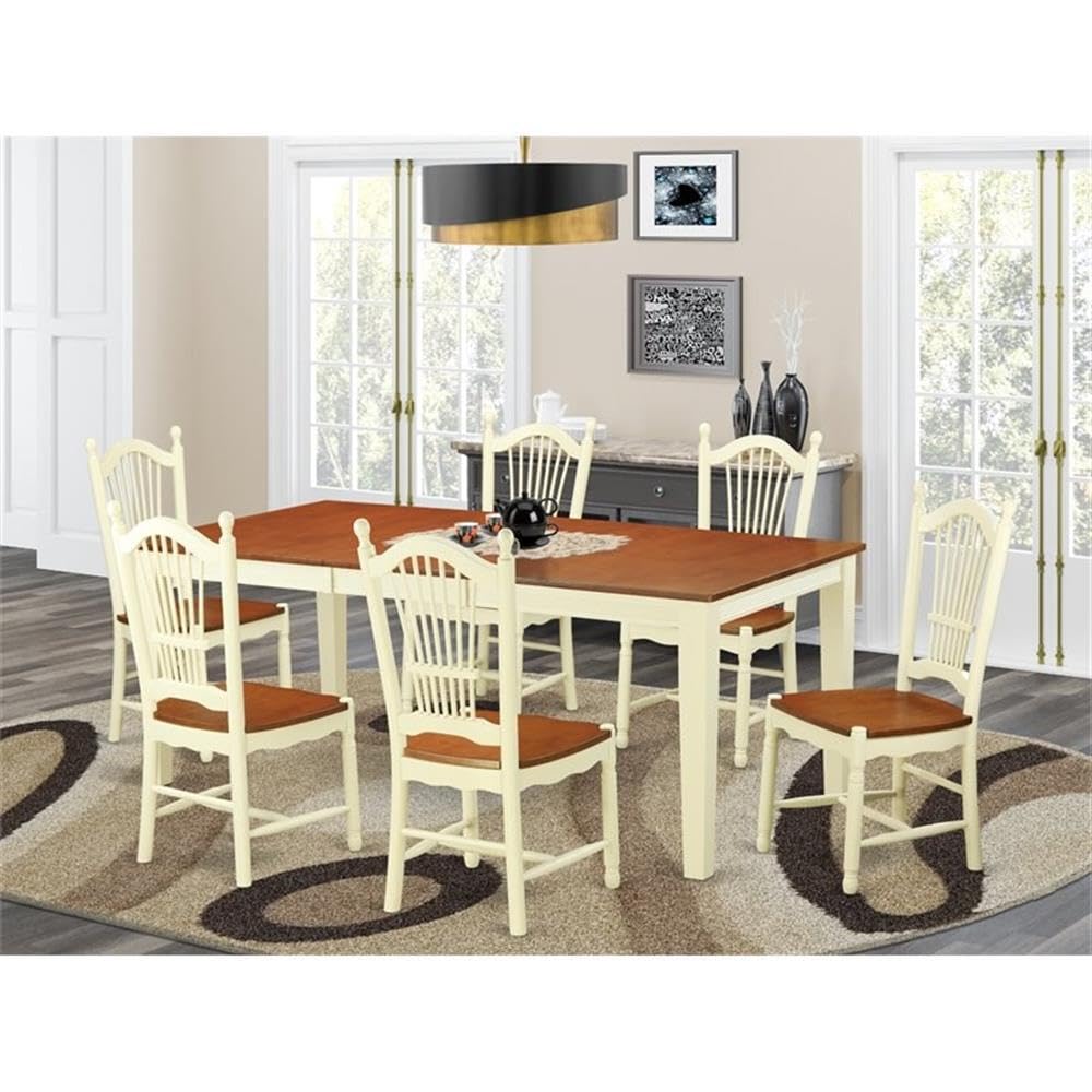 East West Furniture QUDO7-WHI-W 7 Piece Kitchen Table & Chairs Set Consist of a Rectangle Dining Room Table with Butterfly Leaf and 6 Solid Wood Seat Chairs, 40x78 Inch, Buttermilk & Cherry