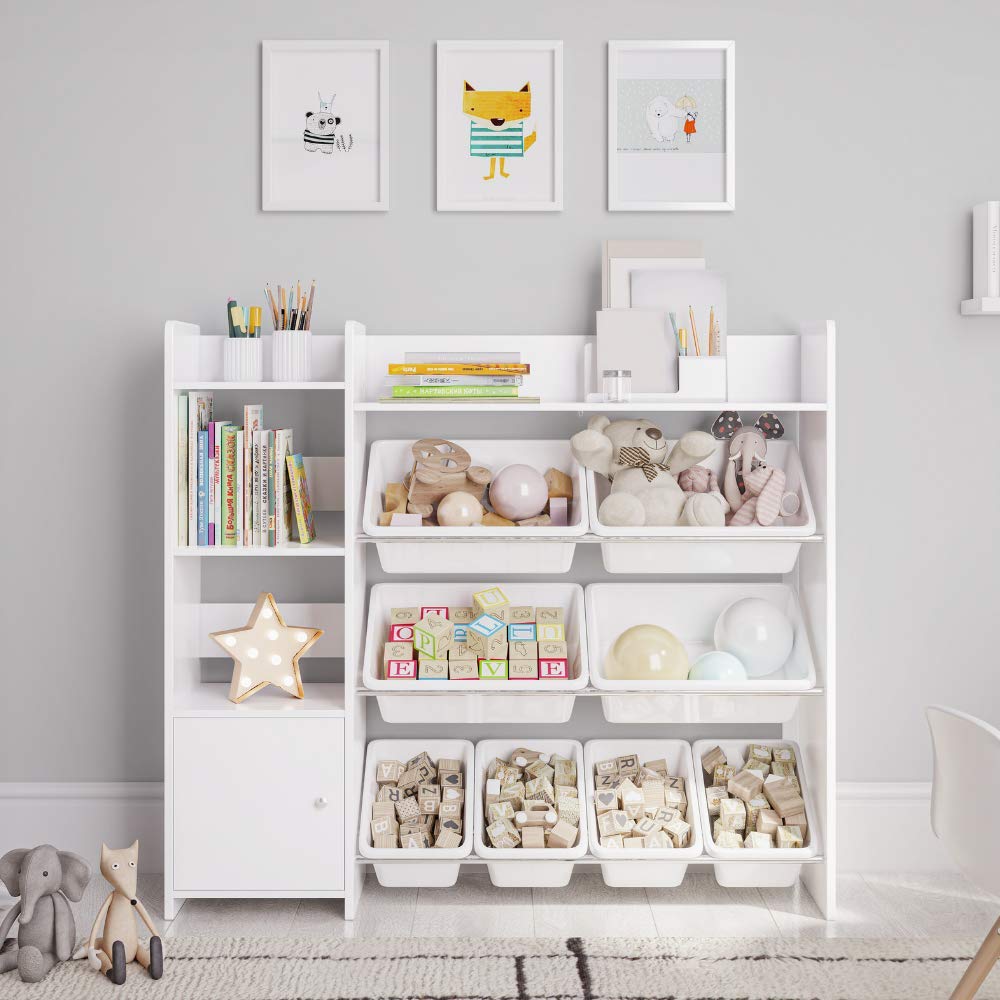 Sturdis Kids Toy Storage Organizer With Kids Toy Shelf And 8 White Toy Bins - Perfect Toy Storage Solution - Your Kids Will Have Fun And You Will Be Free From Messes!