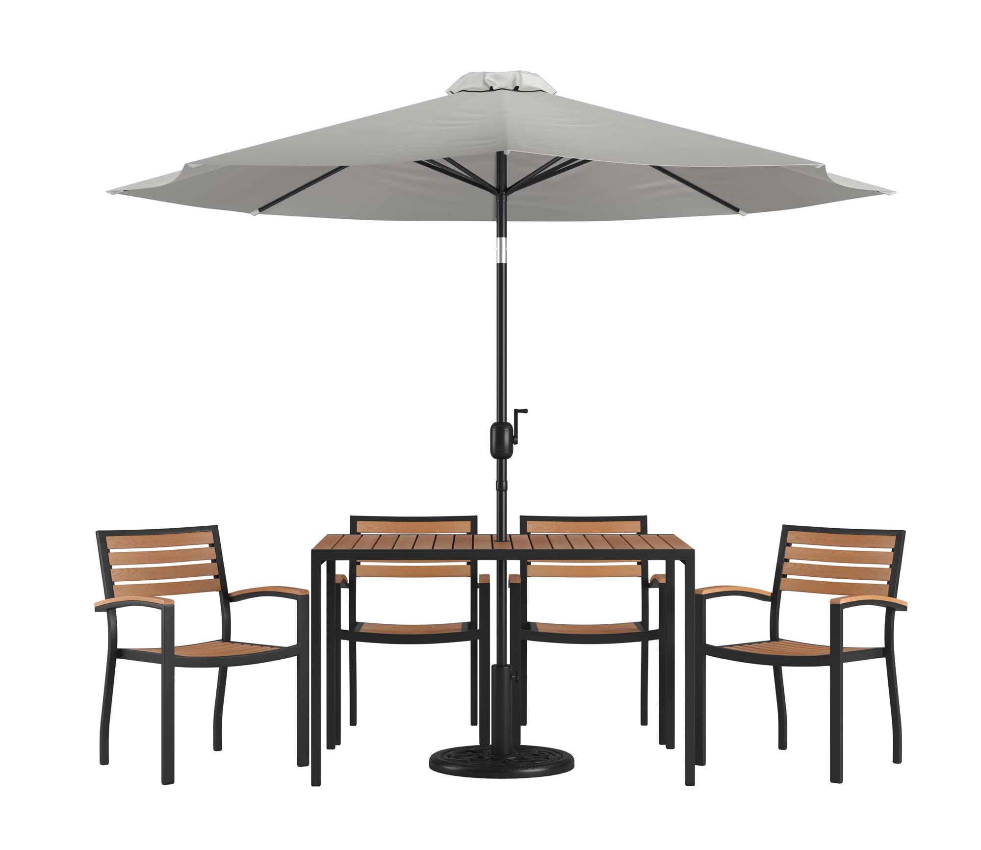 Flash Furniture Lark 7 Piece Outdoor Patio Dining Table Set - 4 Synthetic Teak Stackable Chairs with Arms - 30&quot; x 48&quot; Table - Gray Umbrella with Base