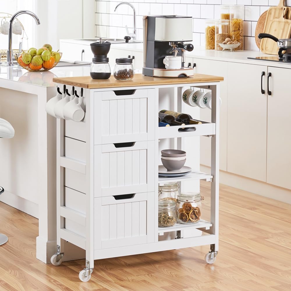 Yaheetech Kitchen Island Cart on Wheels with Bamboo Countertop, Rolling Serving Utility Trolley Cart with 3 Drawers, 3 Removable