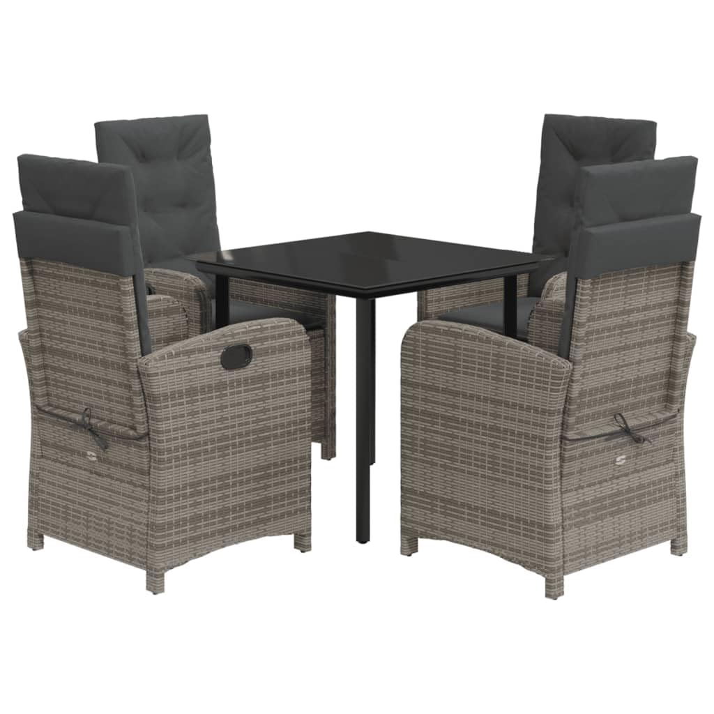 vidaXL 5 Piece Patio Dining Set with Cushions - Reclining Chairs, Gray Poly Rattan, Tempered Glass Top, Adjustable Backrest