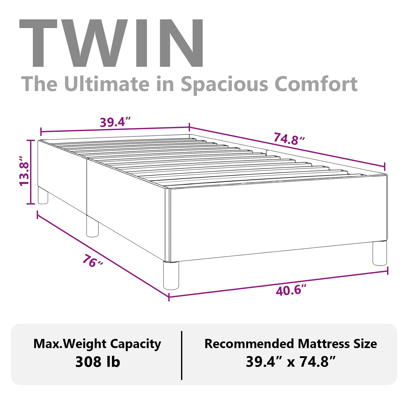 vidaXL Twin Size Bed Frame with Plywood Slats, Platform Bed Frame, Fabric Upholstered Mattress Foundation, No Box Spring Needed & Easy Assembly, Dark Gray, Without Mattress