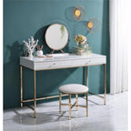 Acme Midriaks Metal Round Mirror and Faux Leather Stool in White and Gold