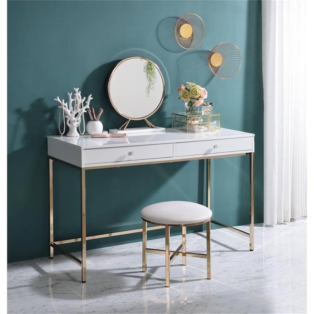 Acme Midriaks Metal Round Mirror and Faux Leather Stool in White and Gold