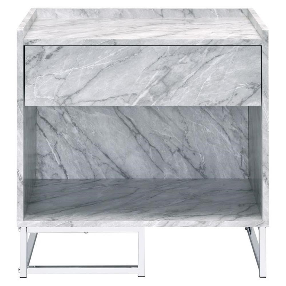 Acme Azrael Faux Marble Nightstand With Metal Base In White And Chrome