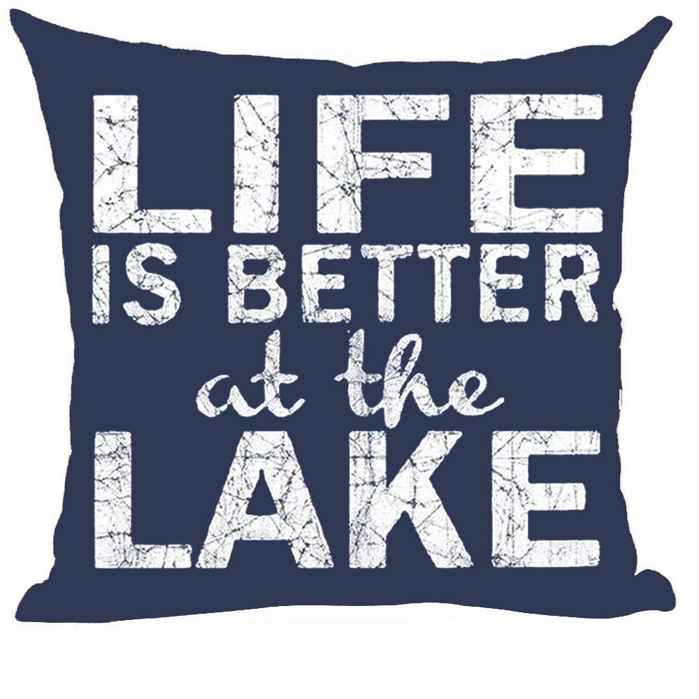 Ramirar Word Art Quote Life Is Better At The Lake Retro Blue Background Summer Decorative Throw Pillow Cover Case Home Living Ro
