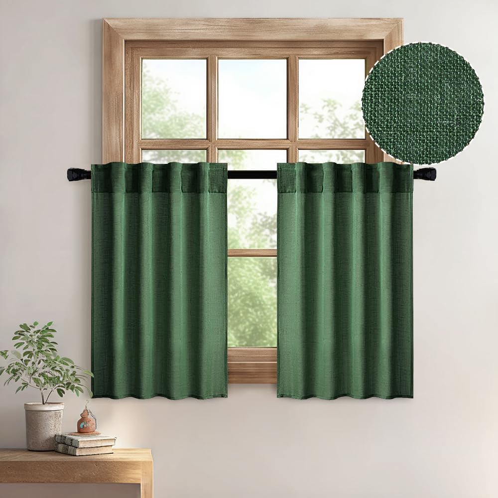 Miulee Emerald Green Kitchen Curtains 30 Inch Length 2 Panels, Soft Thick Linen Textured Semi Sheer Light Filtering Short Cafe Tier Curtains For Small Half Window Back Tab Rod Pocket Christmas Decor