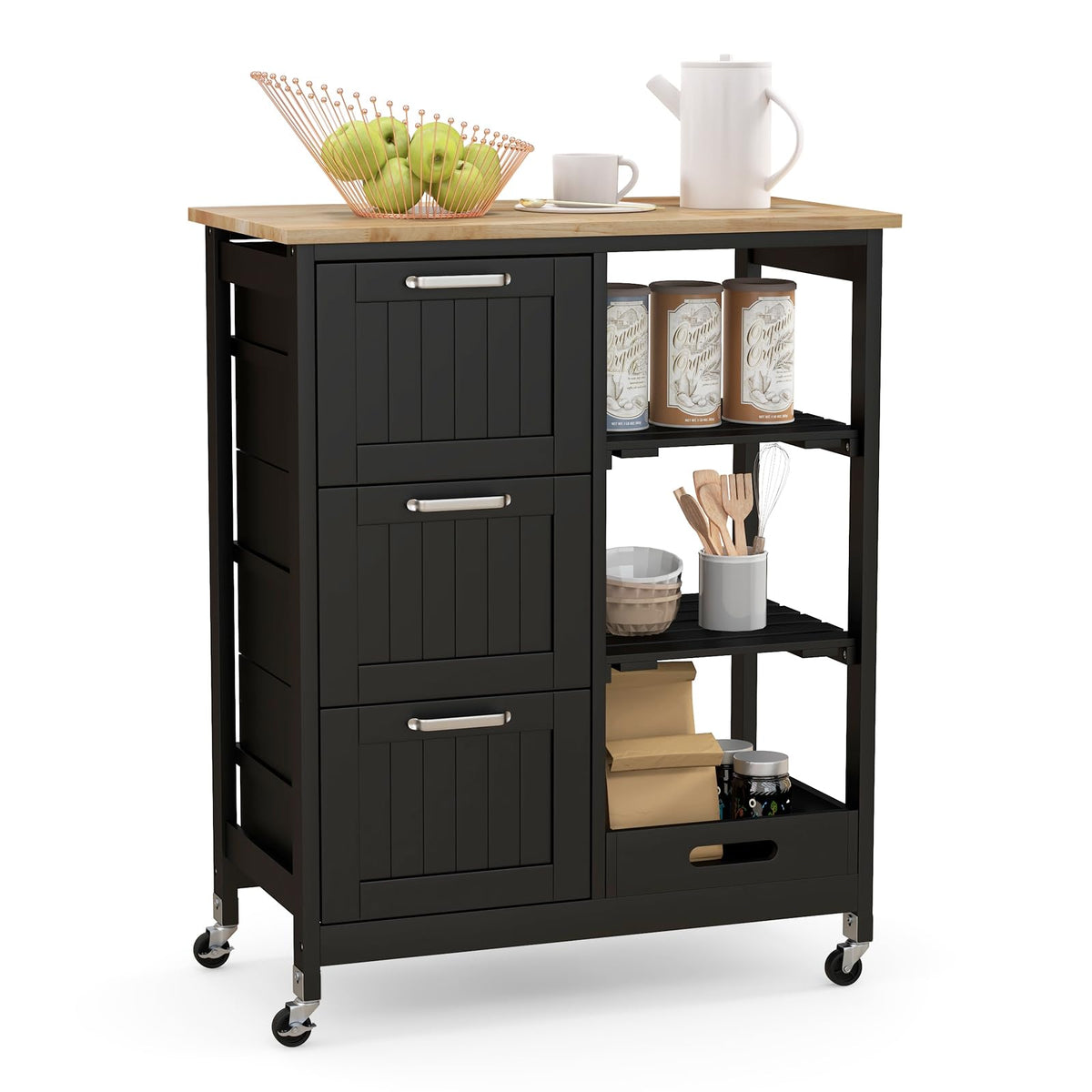 Goflame Kitchen Island Cart On Wheels With Storage, Versatile Rolling Cart With Wood Countertop, 3 Drawers, Removable Tray & Lockable Casters, Mobile Serving Trolley For Kitchen, Dining Room, Black