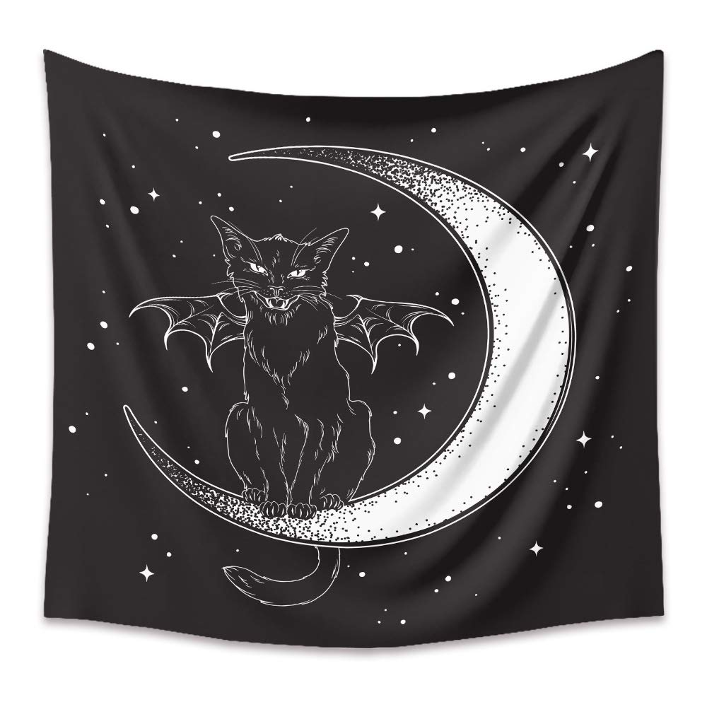 Dyrlhz Black And White Wing Cat On Moon Tapestry, Creepy Hippie Spooky Monster Wall Hanging Tapestry, For Living Room Bedroom Ho