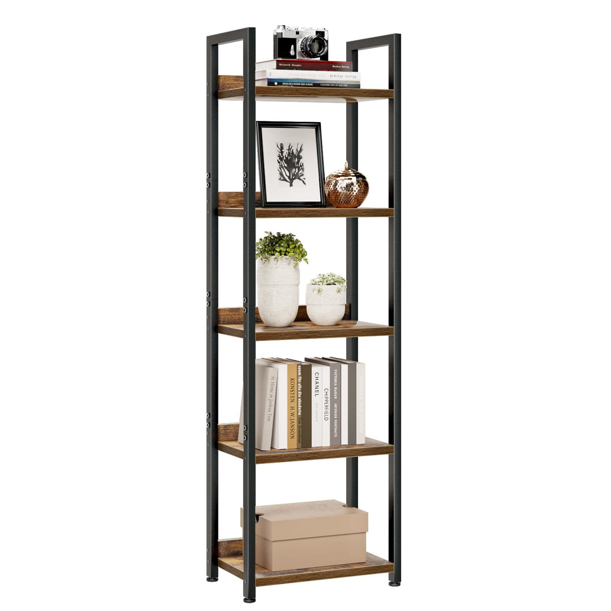 Numenn Narrow Bookshelf, 5 Tier Bookshelves, Home Office Bookcase Shelf Storage Organizer, Free Standing Storage Shelving Unit For Bedroom, Living Room And Home Office, Vintage