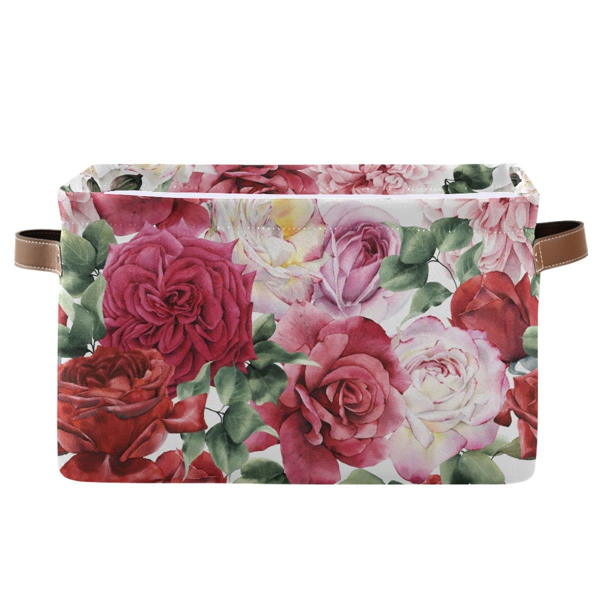 xigua Roses Floral Pattern Storage Basket Collapsible Toy Storage Bins Waterproof Canvas Storage Basket with Leather Handles for