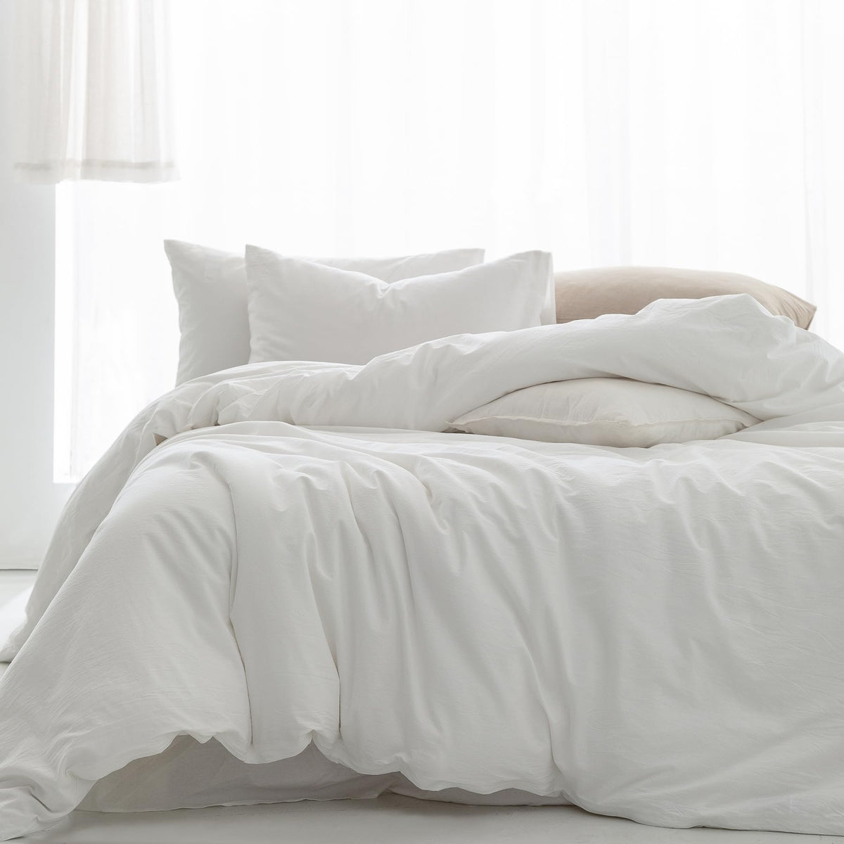 Fossa Duvet Cover Set, 100% Washed Cotton Linen Feel Super Soft Breathable Cozy Simple Style 3 Pieces Bedding Sets Solid Off Whi