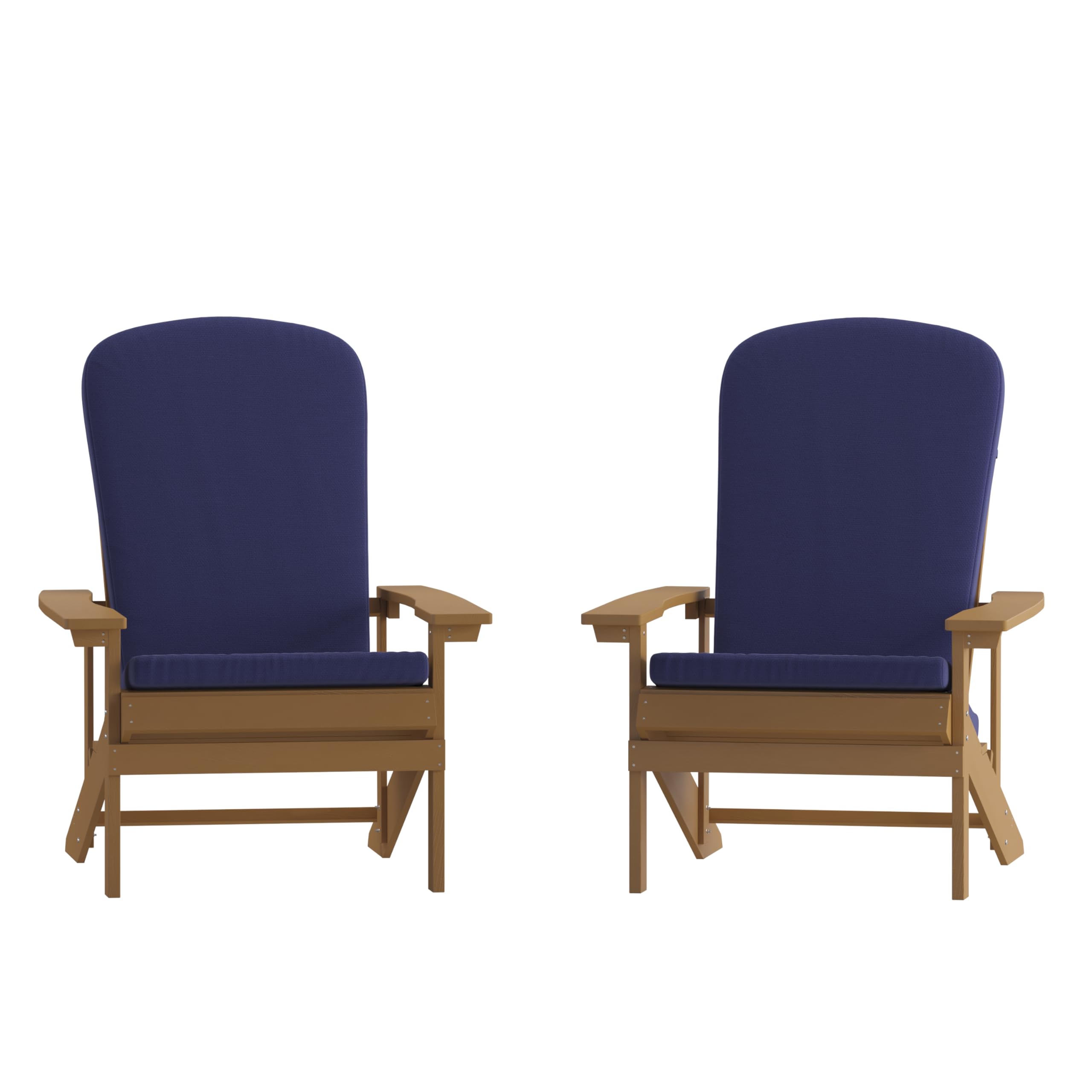 Set of 2 Adirondack Chairs in Teak with Blue Cushions for Deck, Porch, and Patio