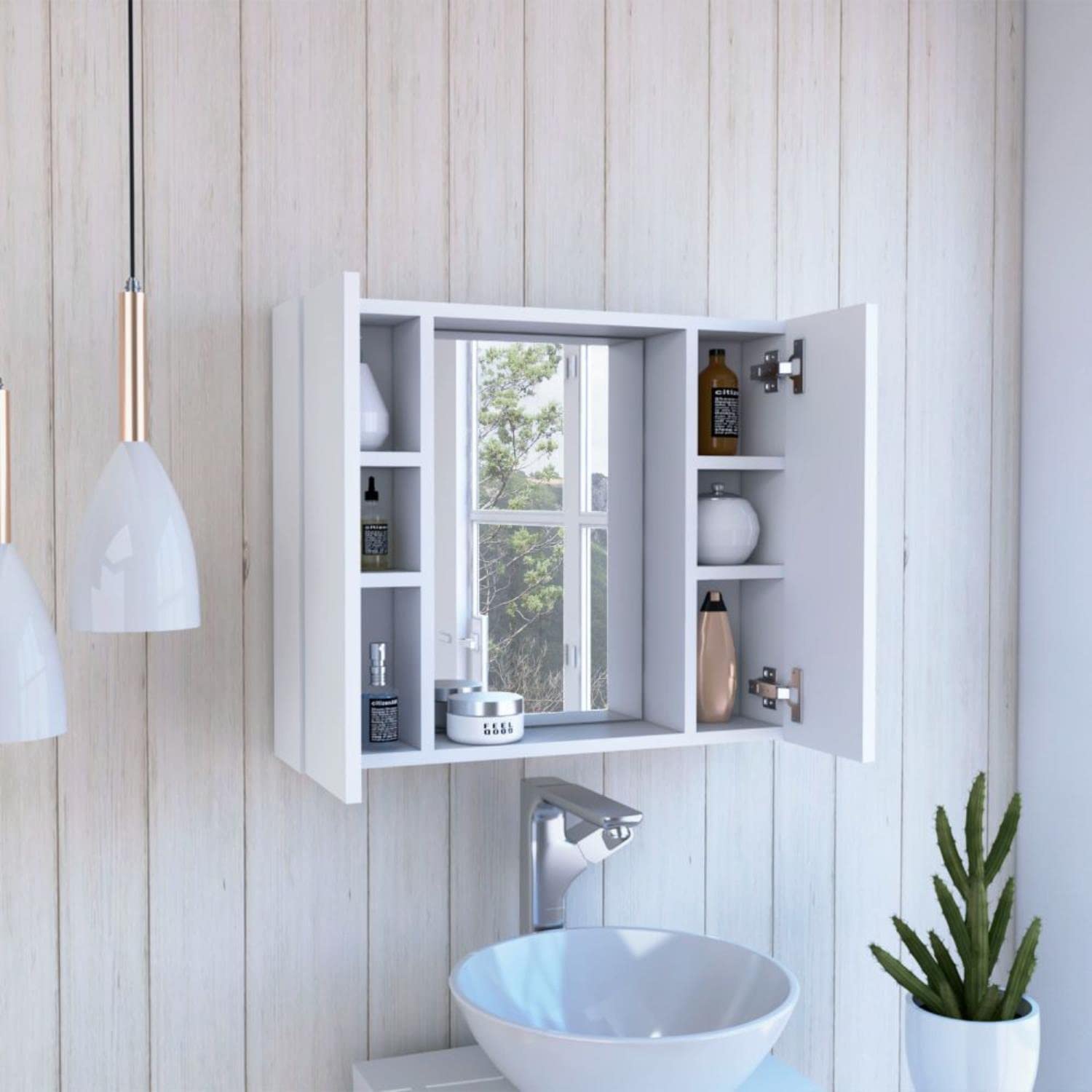 Garnet Medicine Cabinet With Mirror, 6 Inner Shelves, And External Shelf, White