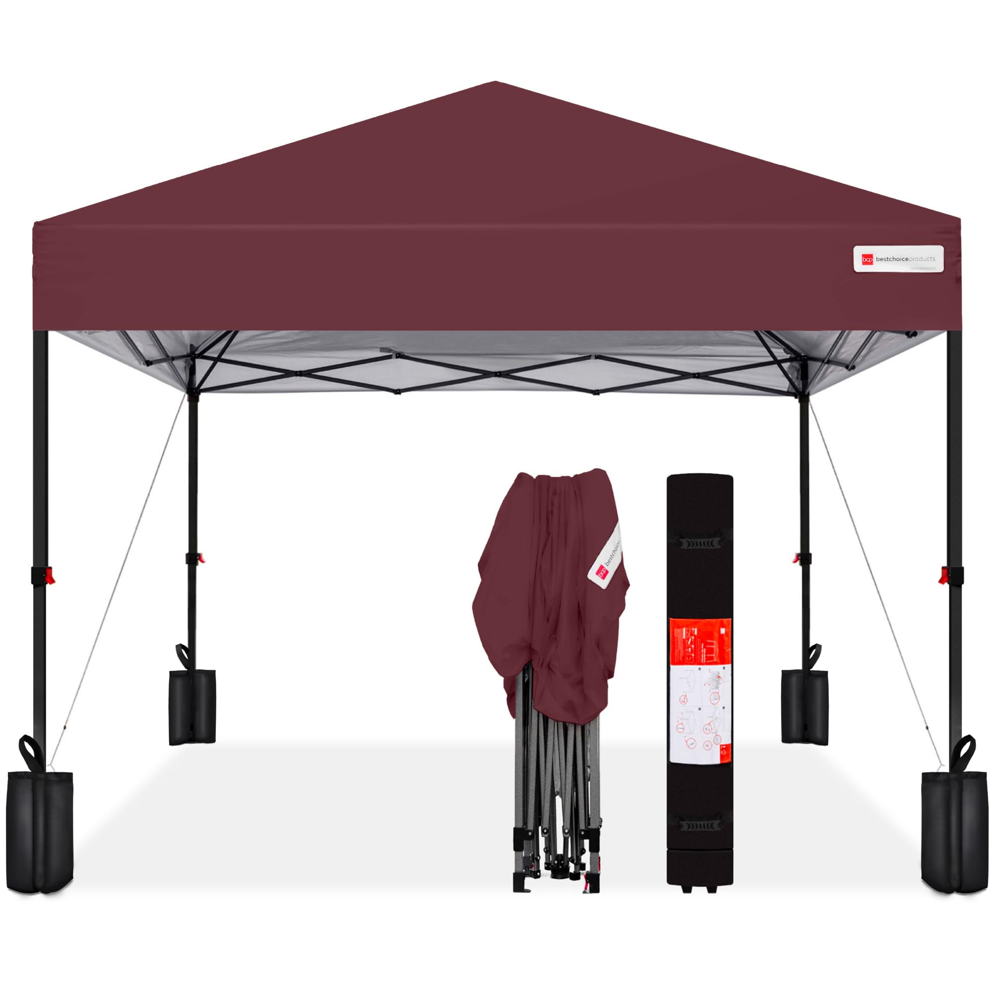 Best Choice Products 8x8ft Pop Up Canopy Tent, Outdoor Shade, 1 Person 1 Minute Set Up, Carry Case, 4 Weight Bags - Burgundy