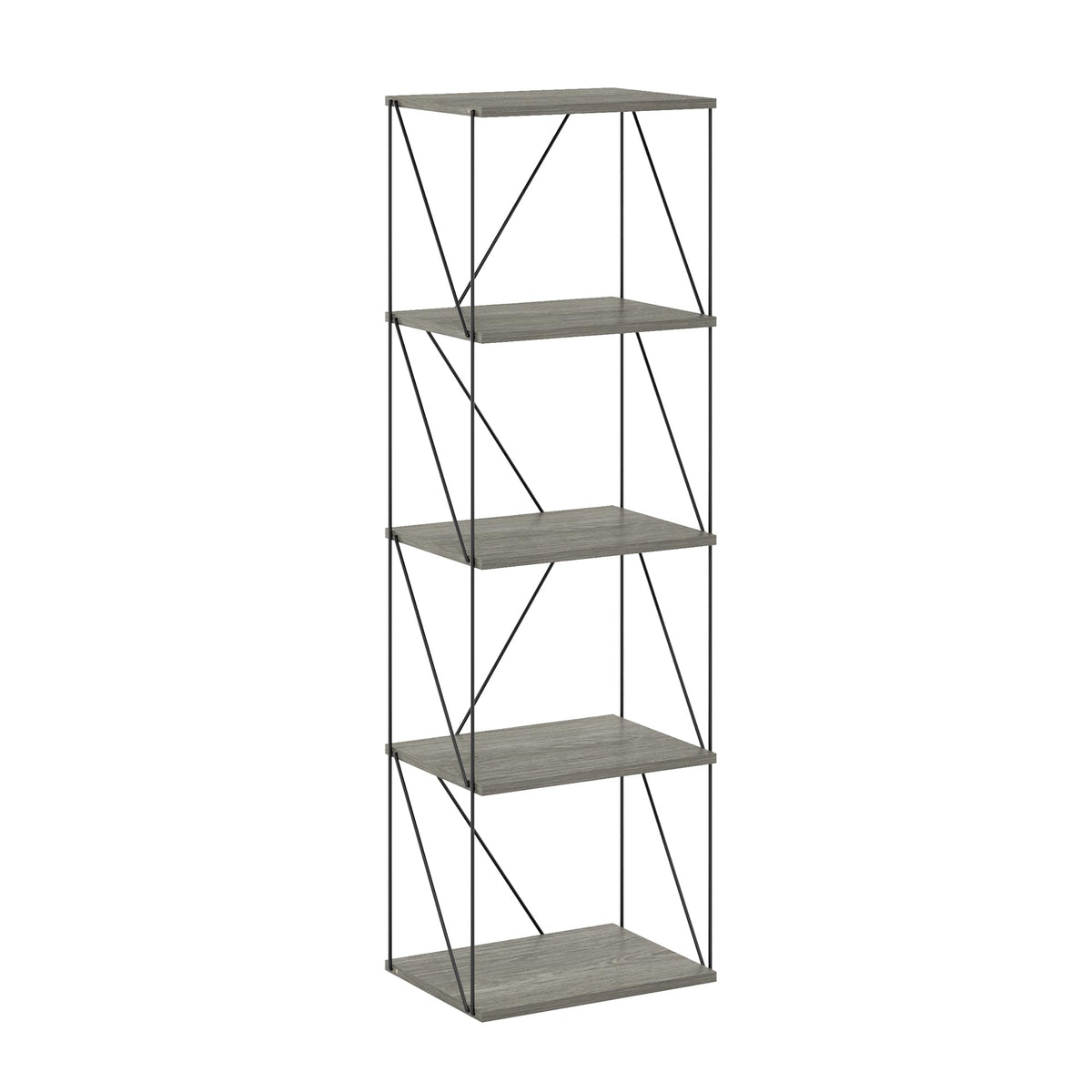 Furinno Rata 5-Tier Industrial Multipurpose Flat Base Shelf Display Rack with Metal Frame, Narrow, French Oak Grey