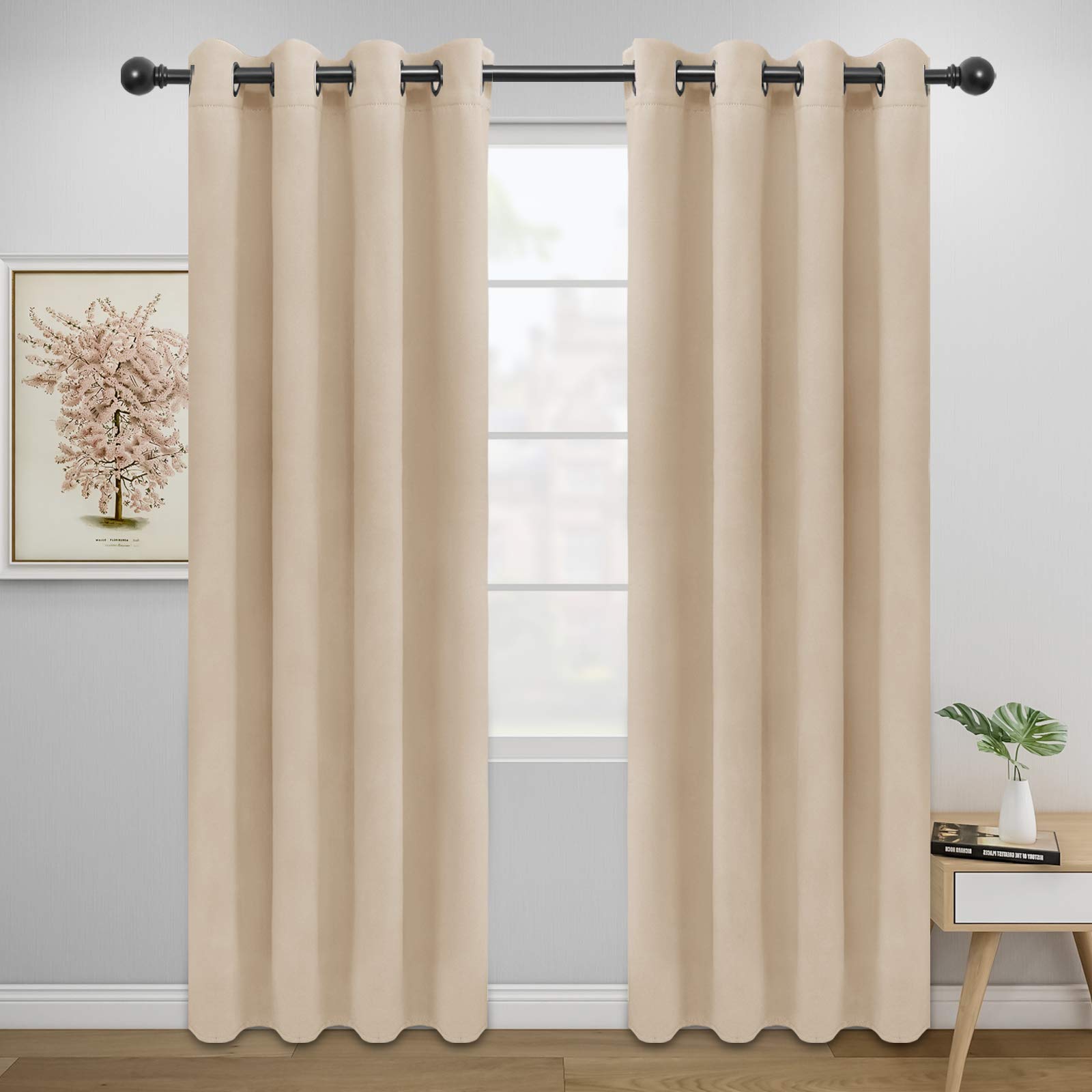 Easy-Going Blackout Curtains For Bedroom, Solid Thermal Insulated Grommet And Noise Reduction Window Drapes, Room Darkening Curtains For Living Room, 2 Panels(52X84 In,Beige)