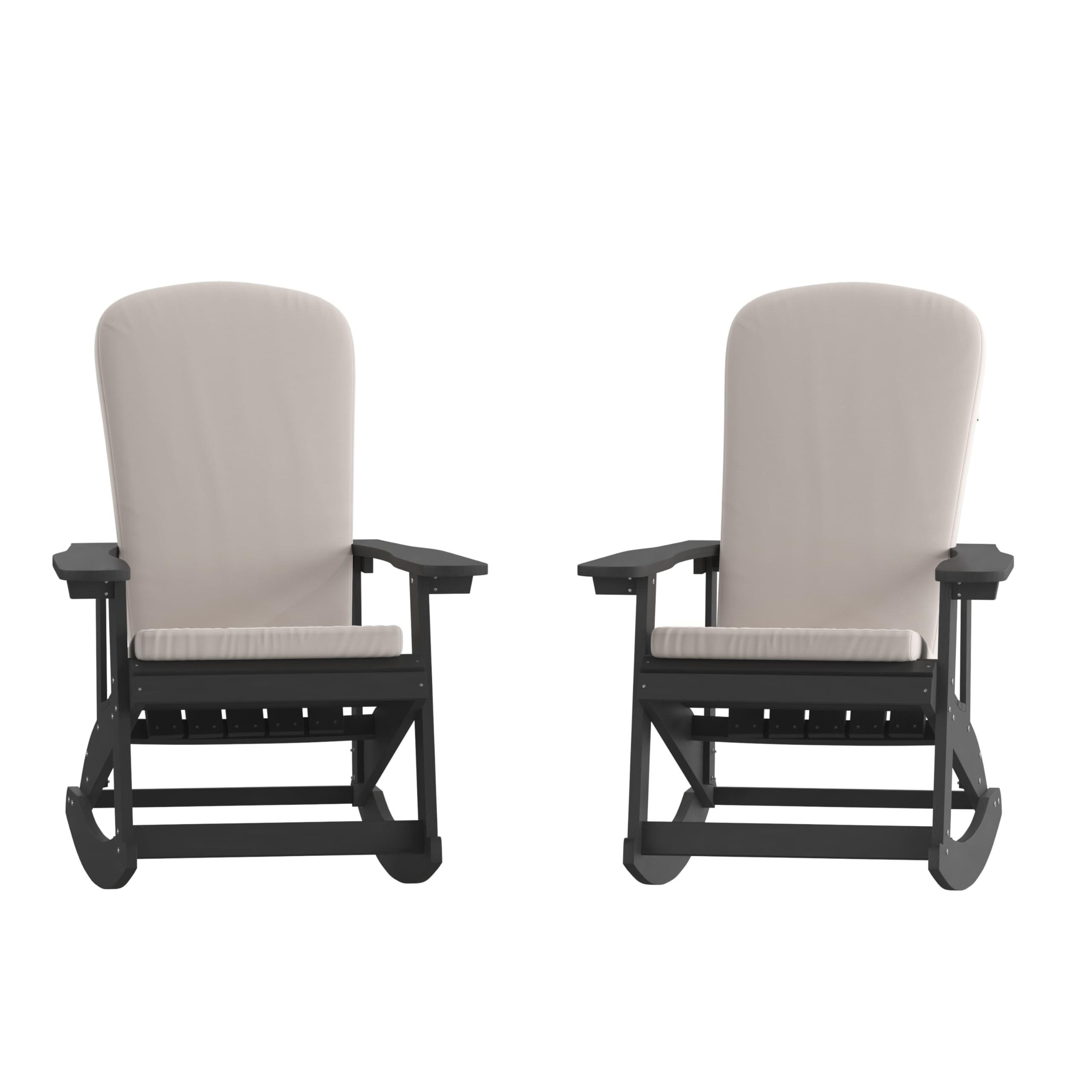 Set of 2 Adirondack Rocking Chairs in Black with Cream Cushions, Porch and Patio