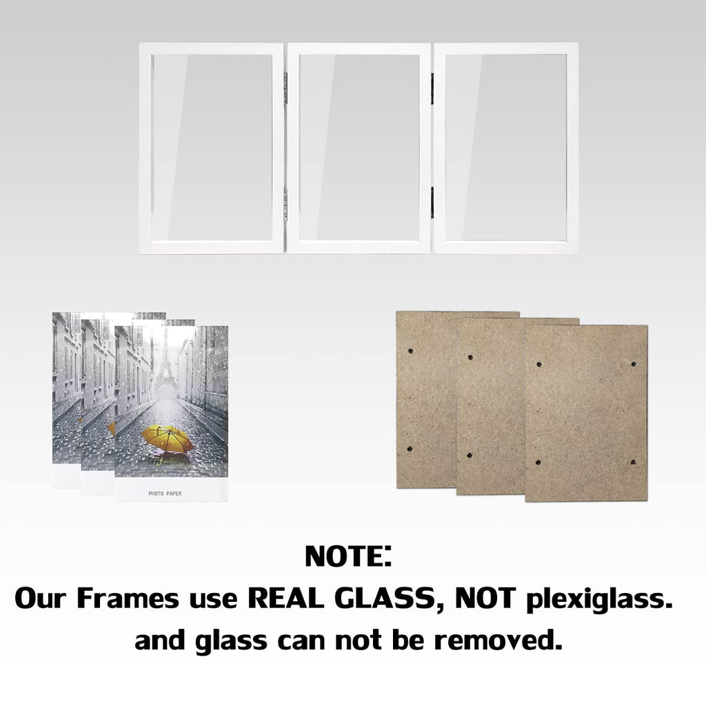 3 Picture Frame 5X7 Triple Hinged Mdf Wood With Glass Front Three Opening Photo Frame Stand Vertical On Tabletop,White