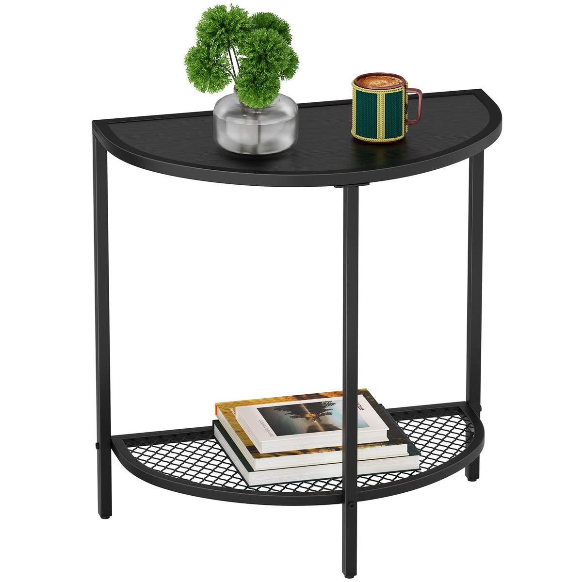 Saygoer Black Side Table 19.7'' Half Moon Bed Side Tables 18.7'*10.4' Night Stand Small End Tables For Living Bed Room 2 Tier Bed Couch Tables With Storage Shelf, Adjustable Feet, All Black