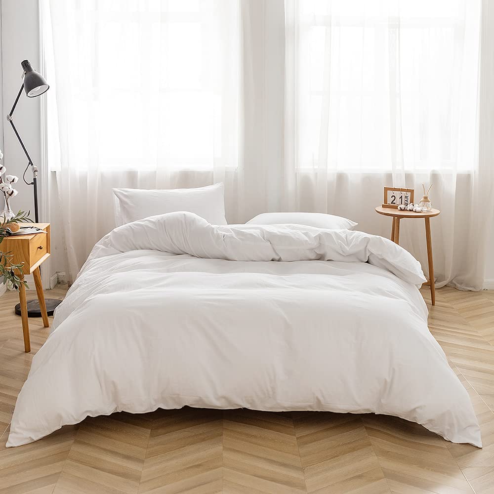 Face Two Face Bedding Duvet Cover Set100% Washed Cotton Duvet Cover Linen Like Textured Breathable Durable Soft Comfy (Twin, White)