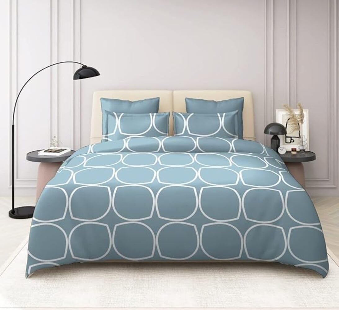 Tib Glace Cotton 78 X 60 Elastic Fitted Bedsheets Queen Size With 2 Pillow Covers, Pack Of 3, Grey Circle