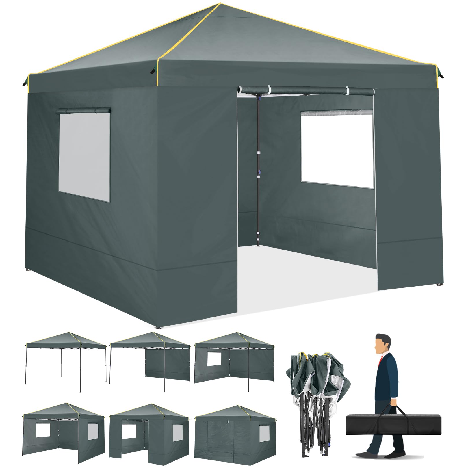 10x10 Pop Up Canopy Tent with 4 Sidewalls and Mesh Windows 2.0, Waterproof Commercial Instant Gazebo Outdoor Tents for Party/Exh