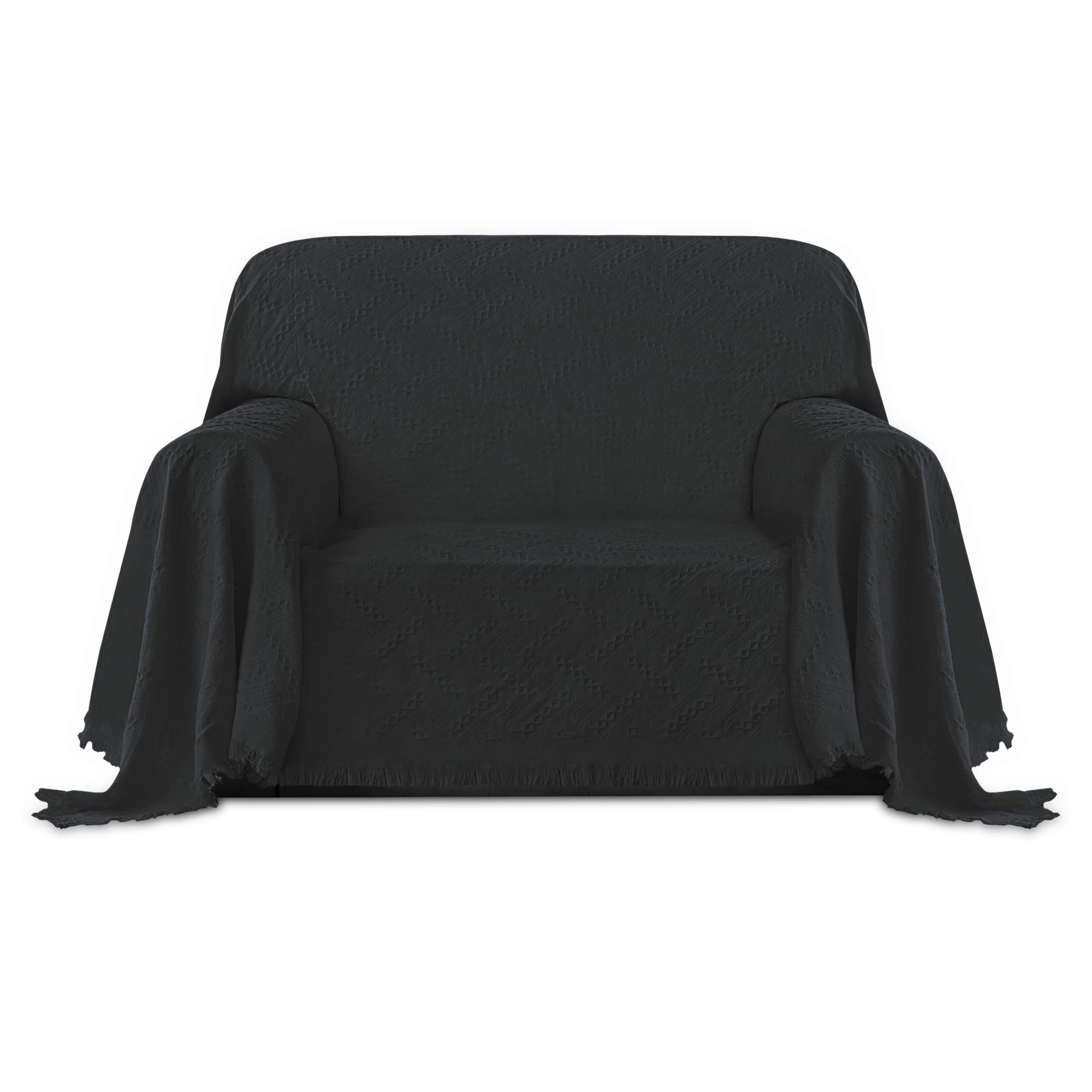 Purefit Geometric Jacquard Throw Sofa Cover - Textured Soft Washable Decorative Couch Covers For 3 Cushion Couch, Throw Cover With Tassels Furniture Protector For Pets, Kids (Small, Dark Gray)