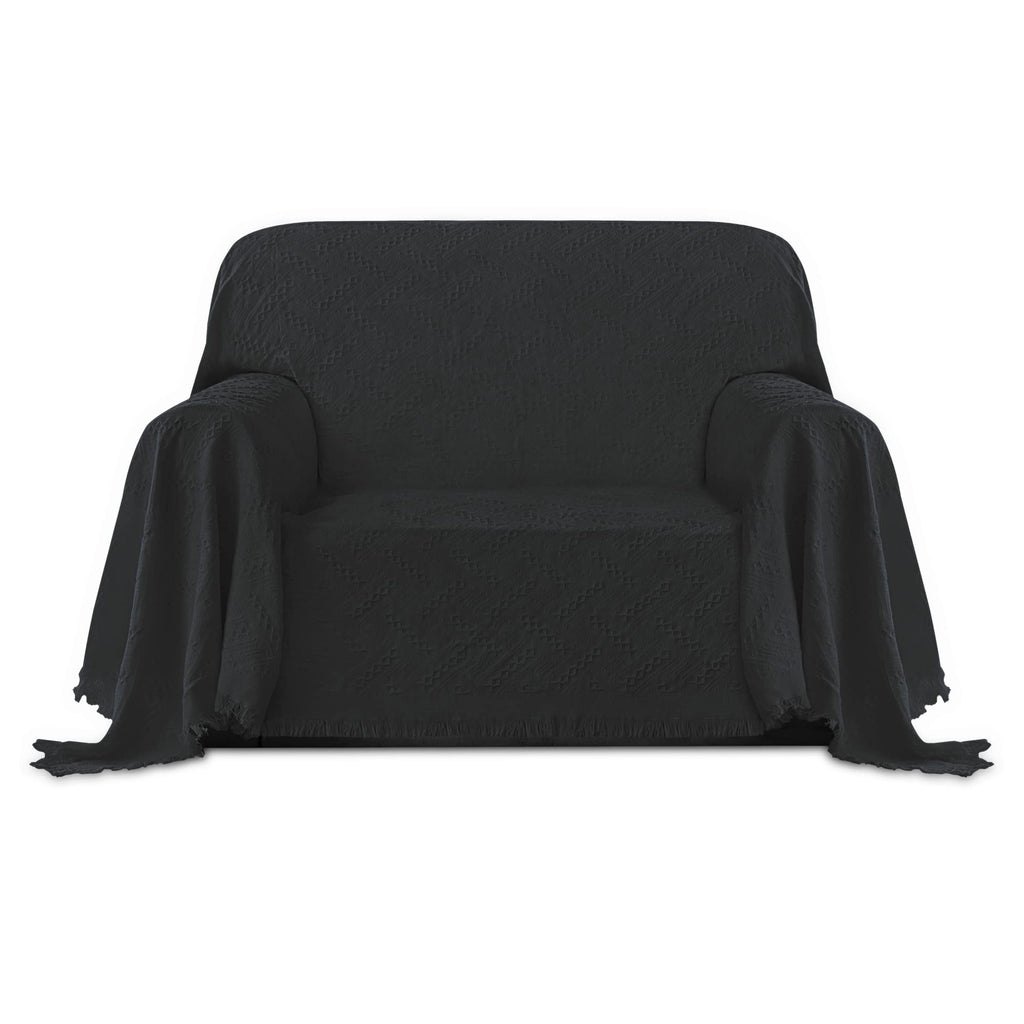 Purefit Geometric Jacquard Throw Sofa Cover - Textured Soft Washable Decorative Couch Covers For 3 Cushion Couch, Throw Cover With Tassels Furniture Protector For Pets, Kids (Small, Dark Gray)