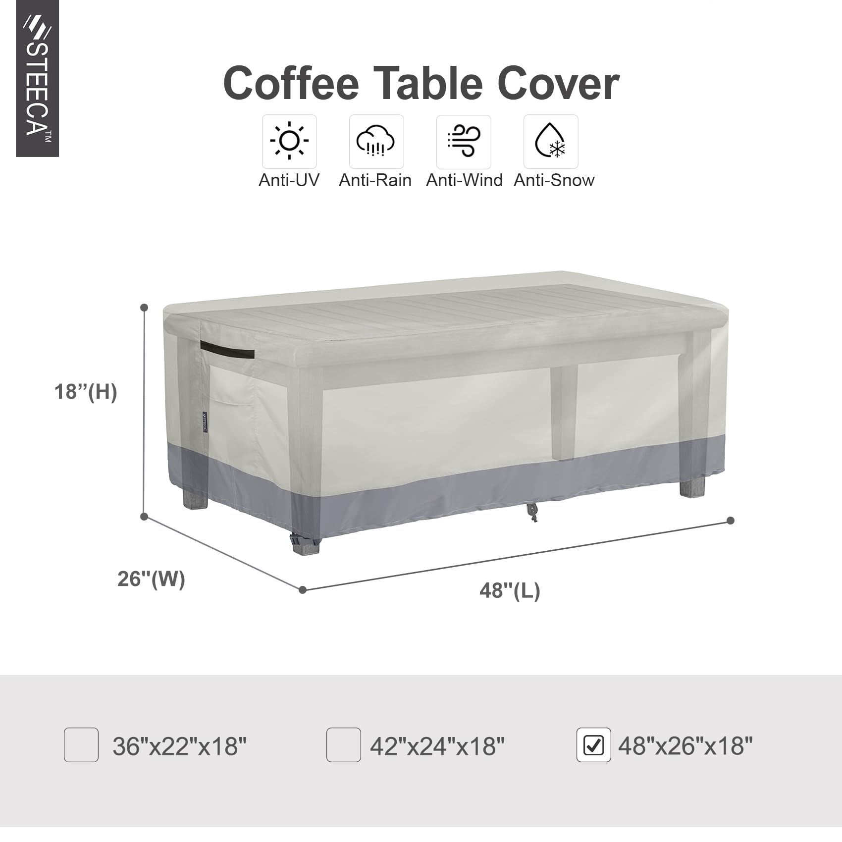 Steeca Patio Coffee Table Cover, Waterproof Rectangular Small Side Table Cover For Outdoor Furniture 48L X 26W X 18H Inch