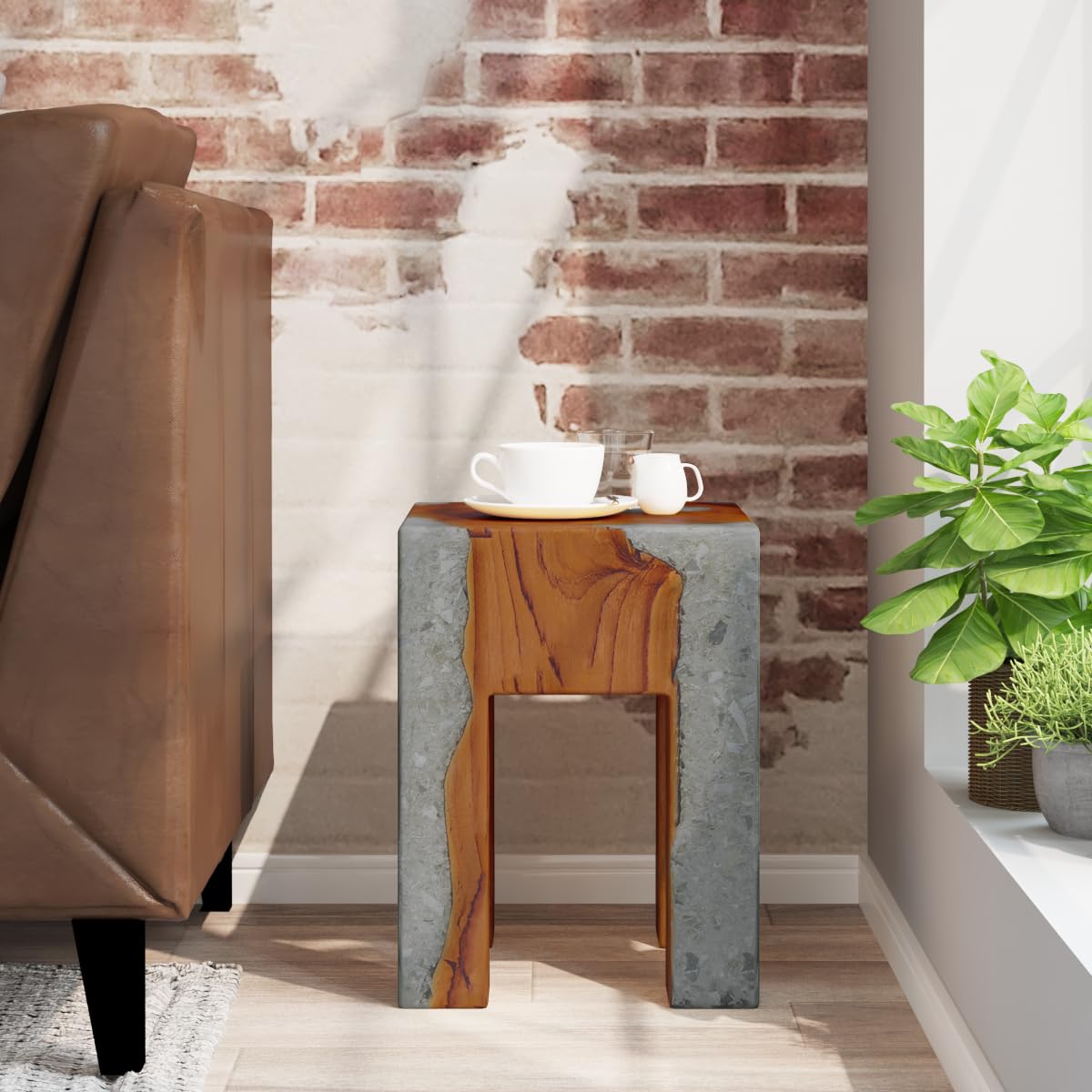 vidaXL Handmade Multi-Use Stool: Solid Teak Wood & Transparent Resin with Crushed Glass, Rustic Artistic Blend, Durable and Stable, Ideal Home Decor Piece, Dimensions 11.8&quot;x11.8&quot;x15.7&quot;